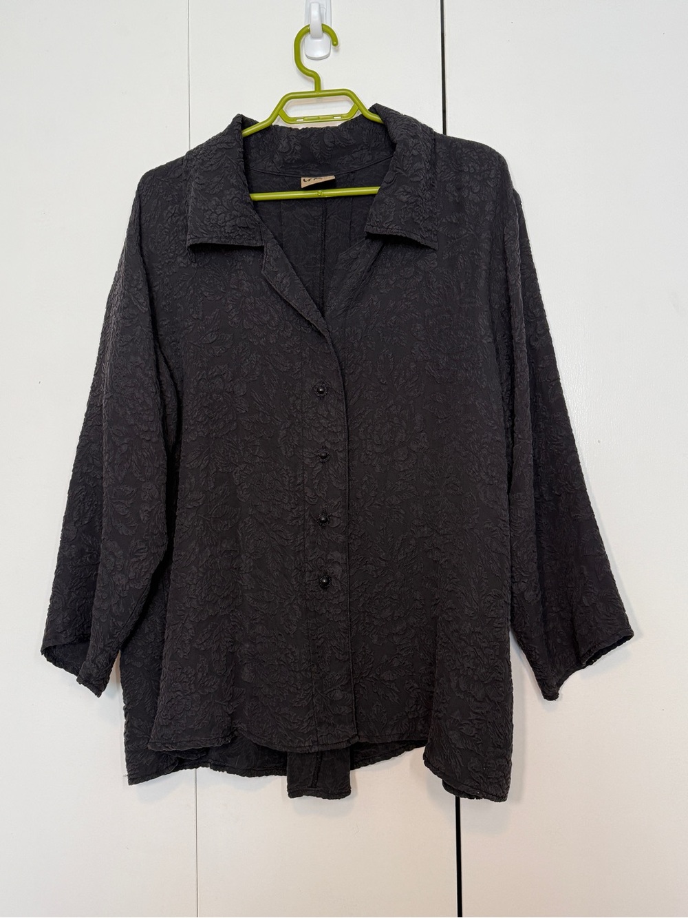 100% Silk Black Textured Button-Up Blouse